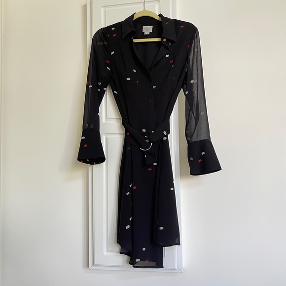 Grey Jason Wu Collared Button Down Black Belted Dress - Picture 1 of 7